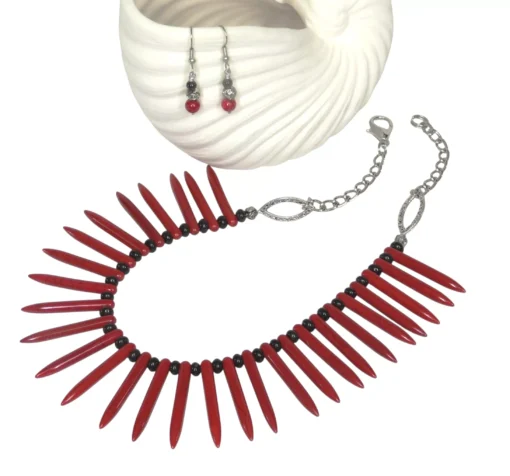 Red Howlite and Onyx Necklace & Earrings - Image 3
