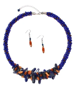 Blue Lazurite and Orange Quartz Necklace and Earrings